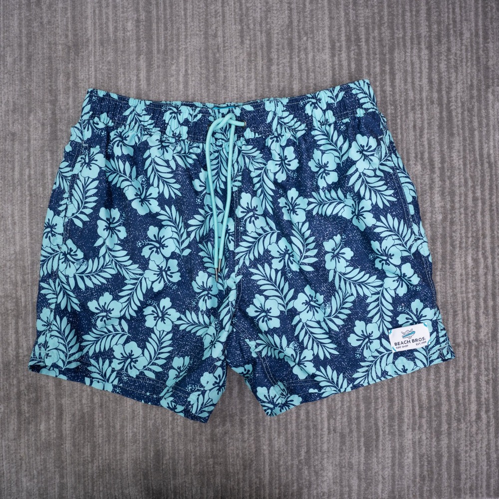 Beach Bros Swim Trunks Mens XL Blue Excellent Floral Hibiscus Mesh Lined Shorts